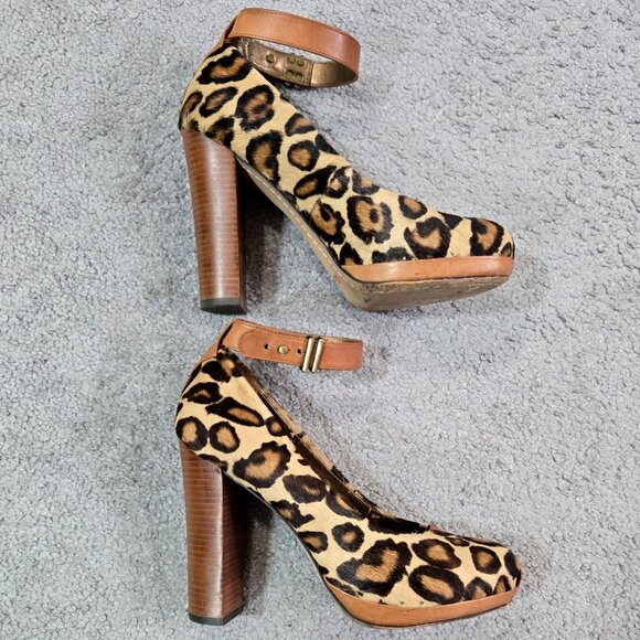 Sam Edelman Lyla Leopard Print Leather Calf Hair Platform Pumps Ankle Strap - Picture 6 of 13